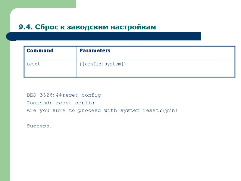 9.4. Сброс к заводским настройкам DES-3526:4#reset config Command: reset config Are you sure to